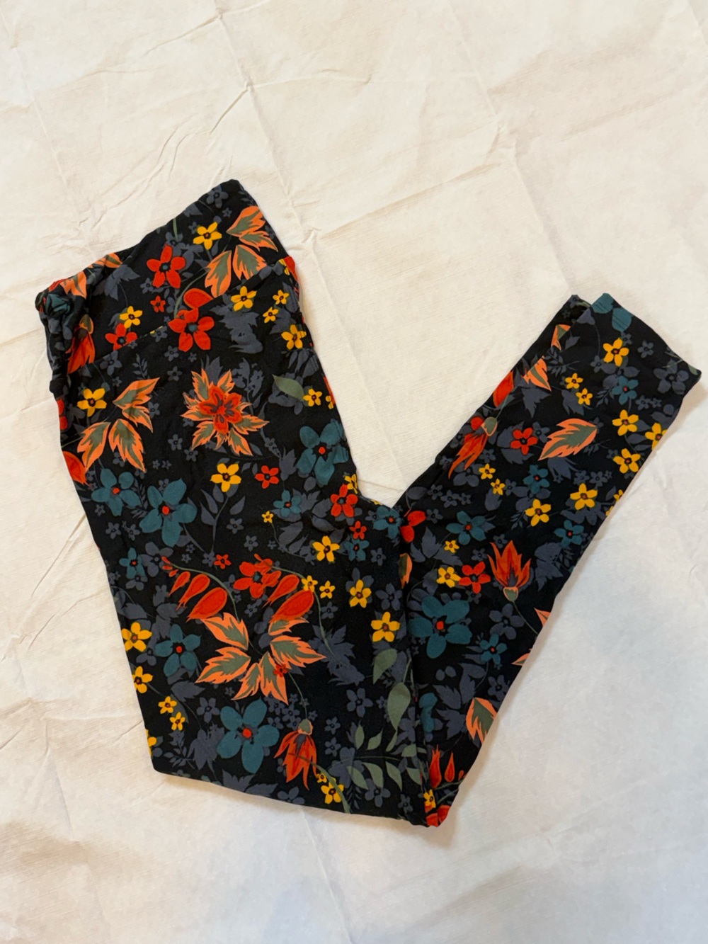 LuLaRoe Black Leggings with Orange, Teal, Yellow & Red Floral Print, TC